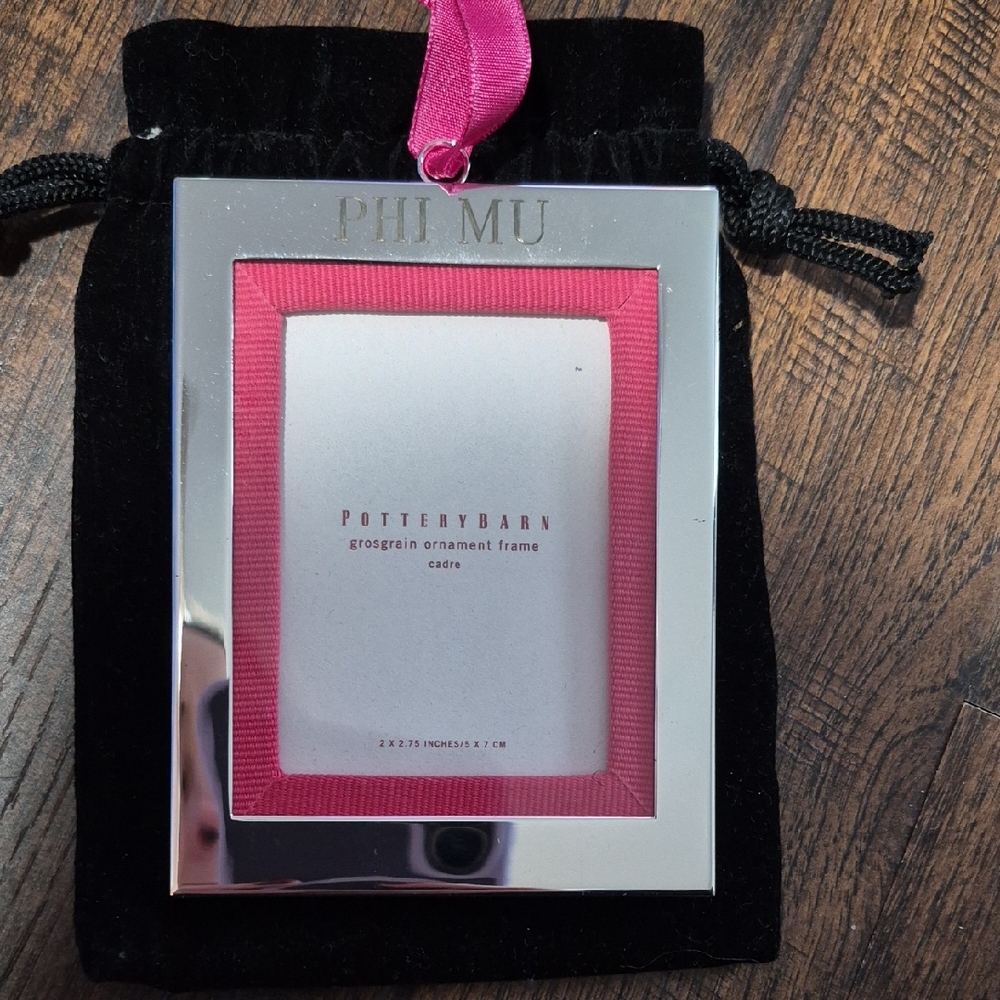 Pottery Barn Silver Frame Ornament with Pink Trim And Phi Mu Engraved On The Top